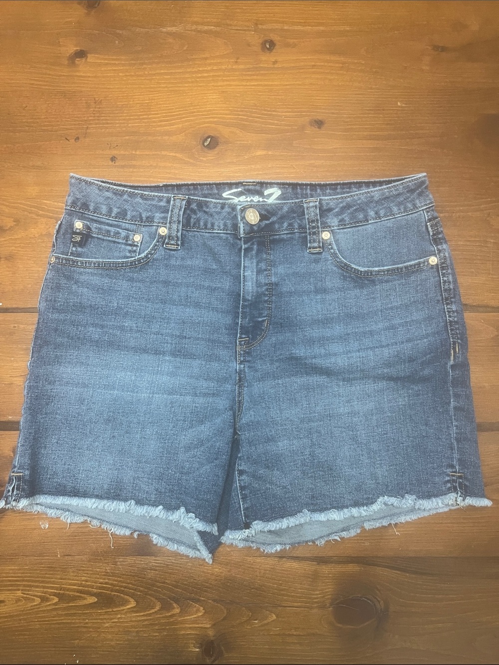 Seven7 Dark Blue Frayed Hem Denim Shorts
